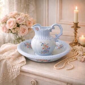 Vintage Arnels 1975 Blue Floral Wash Basin & Pitcher Set Cottagecore Victorian